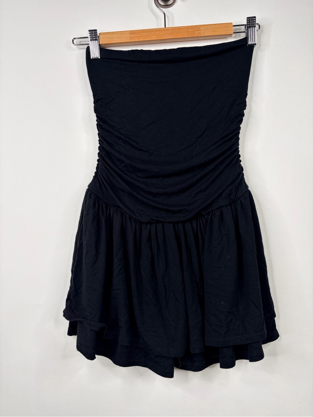 Garage Strapless Black Ruched Bodice Tiered Skater Dress